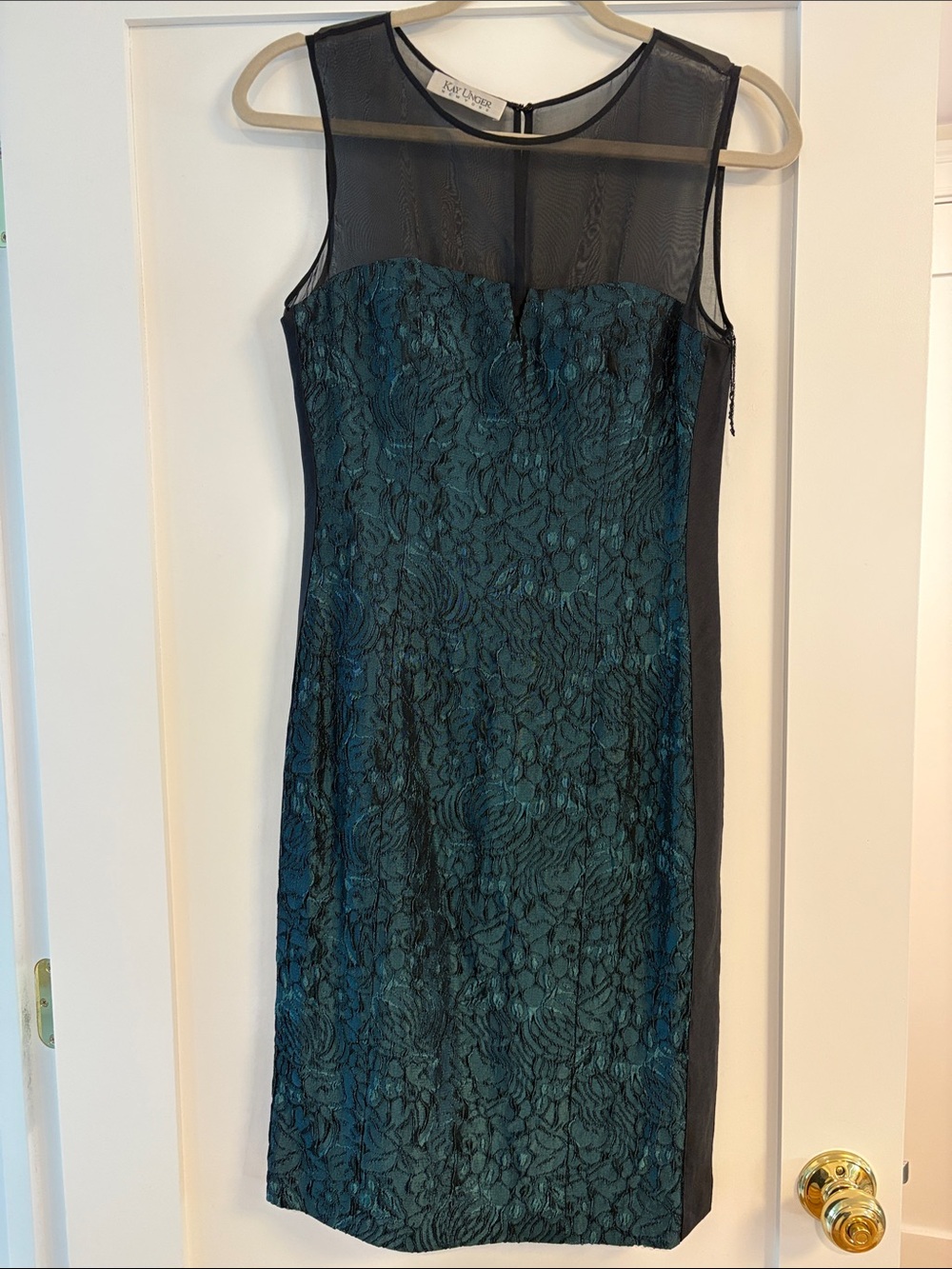 Kay Unger Teal Lace Midi Dress with Black Mesh Insets